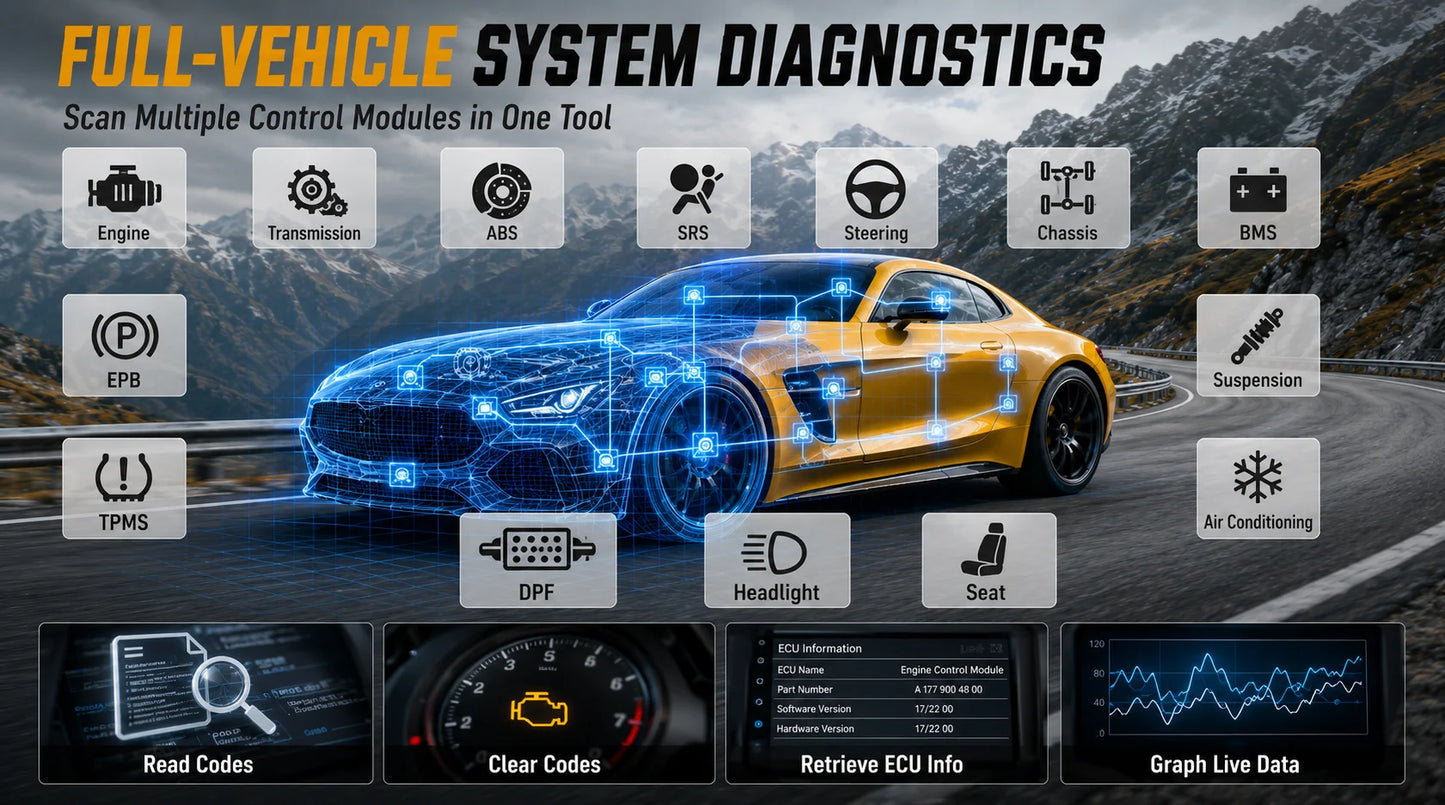 OBD2 скенер за Mercedes-Benz, пълна системна диагностика, ресет на масло, ETC, EPB, ABS, SAS и акумулатор