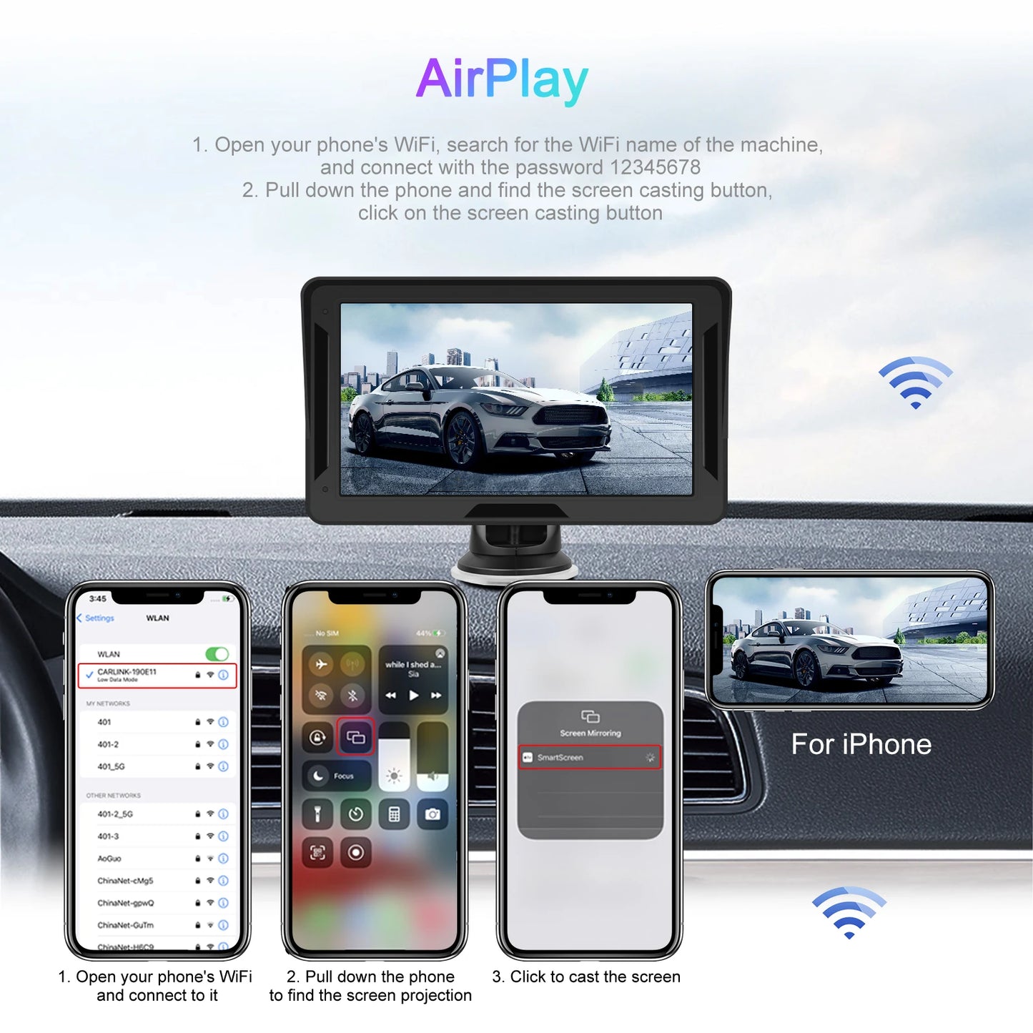 Podofo 7" преносим автомобилен дисплей с безжичен CarPlay/Android Auto, AirPlay, Bluetooth, FM трансмитер, AUX, HD 1024x600