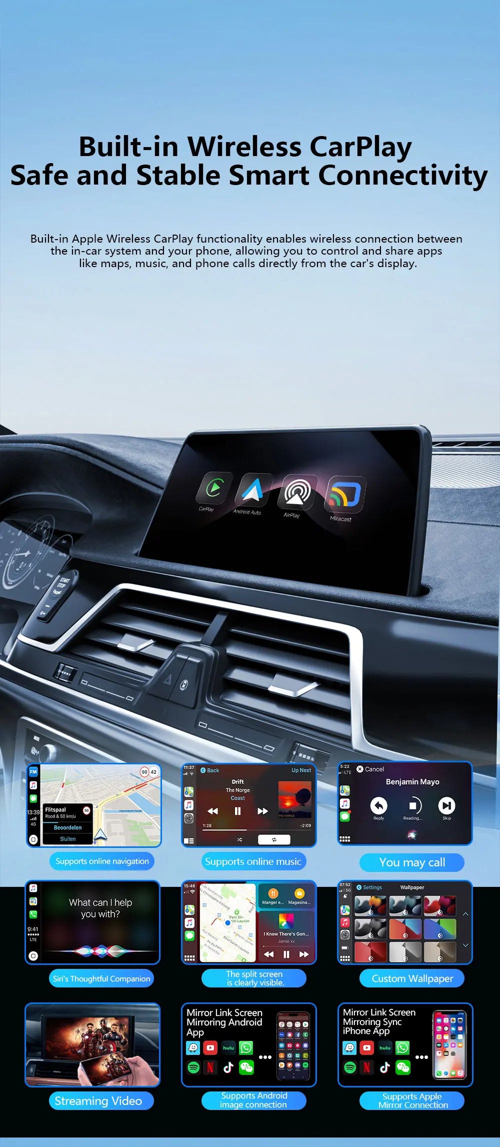 Безжичен CarPlay адаптер за автомобил с Bluetooth и огледално отразяване на екрана, 4-в-1, Plug-and-Play