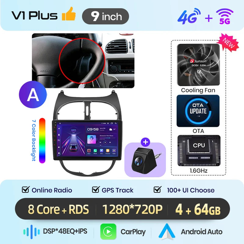 Junsun 9" Android 15 2DIN автомобилна мултимедия за Peugeot 206/206 CC/206 SW (2000–2008), IPS дисплей, GPS навигация, Bluetooth 4.0, Wireless Apple CarPlay и Android Auto