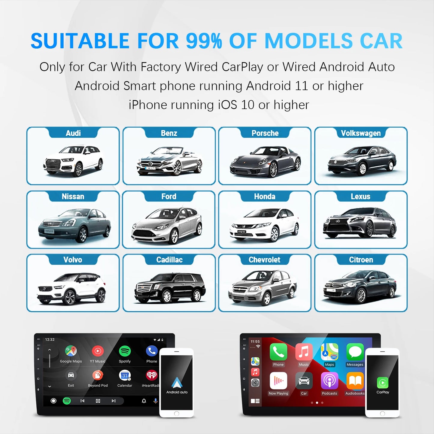 Безжичен адаптер 2-в-1 CarPlay/Android Auto Ezonetronics, съвместим с Mercedes‑Benz, VW Golf, BMW, Audi, Honda, Toyota