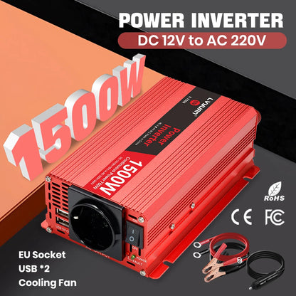 Автомобилен DC-AC инвертор 12V към 220V, 50 Hz, модифицирана синусоида, USB изход, 500–2600 W
