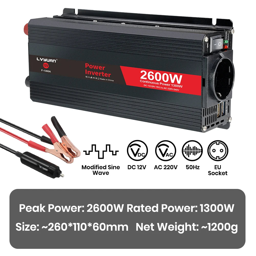 Автомобилен DC-AC инвертор 12V към 220V, 50 Hz, модифицирана синусоида, USB изход, 500–2600 W