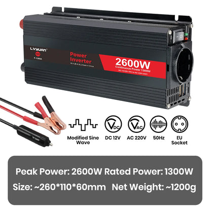 Автомобилен DC-AC инвертор 12V към 220V, 50 Hz, модифицирана синусоида, USB изход, 500–2600 W