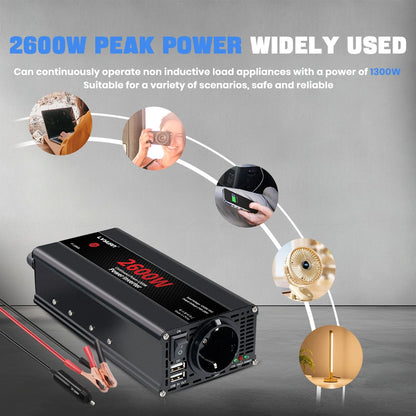 Автомобилен DC-AC инвертор 12V към 220V, 50 Hz, модифицирана синусоида, USB изход, 500–2600 W