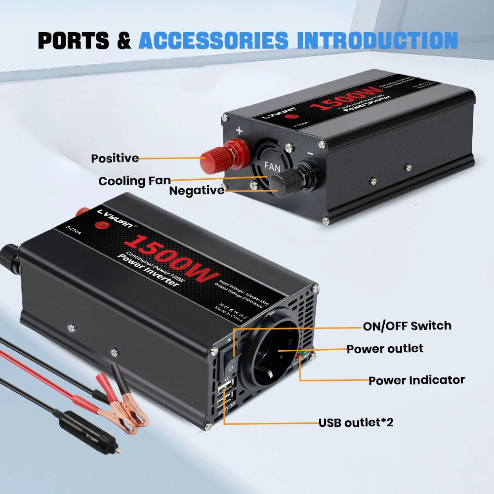 Автомобилен DC-AC инвертор 12V към 220V, 50 Hz, модифицирана синусоида, USB изход, 500–2600 W