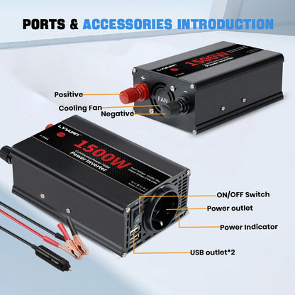 Автомобилен DC-AC инвертор 12V към 220V, 50 Hz, модифицирана синусоида, USB изход, 500–2600 W