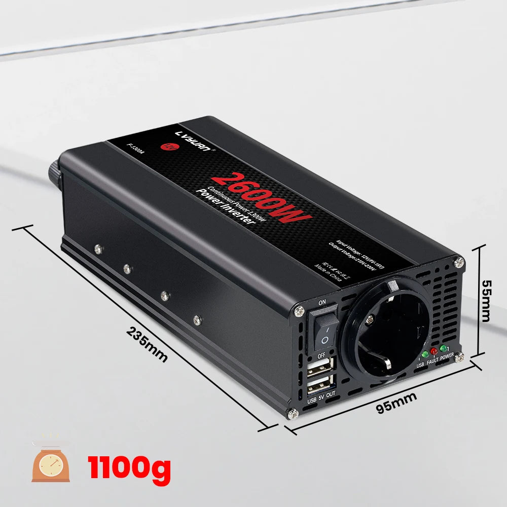 Автомобилен DC-AC инвертор 12V към 220V, 50 Hz, модифицирана синусоида, USB изход, 500–2600 W