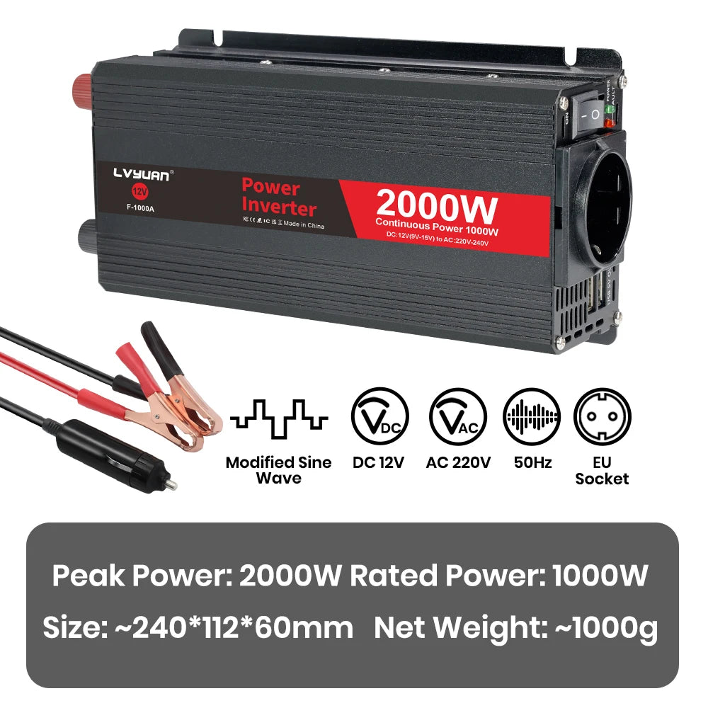 Автомобилен DC-AC инвертор 12V към 220V, 50 Hz, модифицирана синусоида, USB изход, 500–2600 W