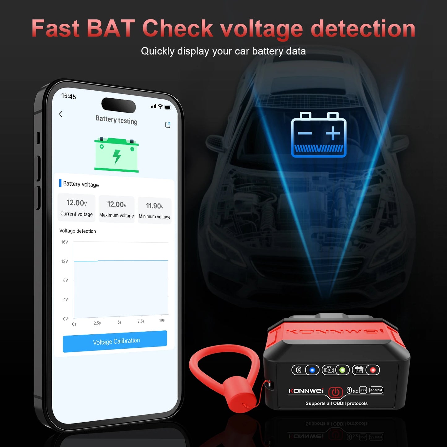 KONNWEI KW906 OBD2 Bluetooth 5.0 диагностичен адаптер ELM327 v1.5 за Android/iOS, PIC18F25K80