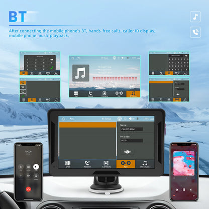 Podofo 7" преносим автомобилен дисплей с безжичен CarPlay/Android Auto, AirPlay, Bluetooth, FM трансмитер, AUX, HD 1024x600