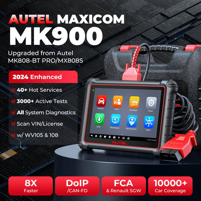 Autel MaxiCOM MK900 диагностичен уред OBD2 – всички системи, 40+ сервизни функции, двупосочно управление, активни тестове, DoIP/CAN FD, Android 11, 8" дисплей, 4GB/64GB