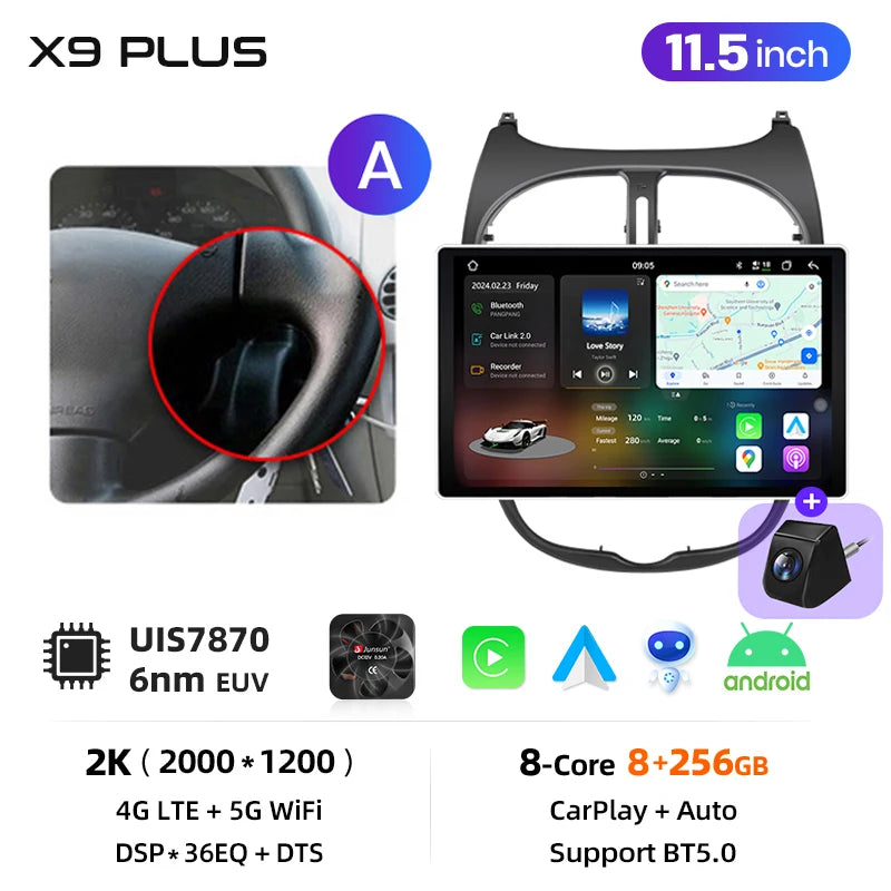 Junsun 9" Android 15 2DIN автомобилна мултимедия за Peugeot 206/206 CC/206 SW (2000–2008), IPS дисплей, GPS навигация, Bluetooth 4.0, Wireless Apple CarPlay и Android Auto