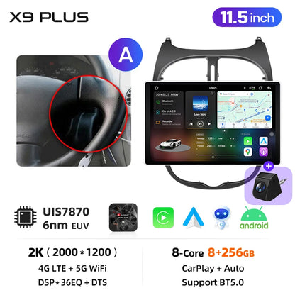 Junsun 9" Android 15 2DIN автомобилна мултимедия за Peugeot 206/206 CC/206 SW (2000–2008), IPS дисплей, GPS навигация, Bluetooth 4.0, Wireless Apple CarPlay и Android Auto