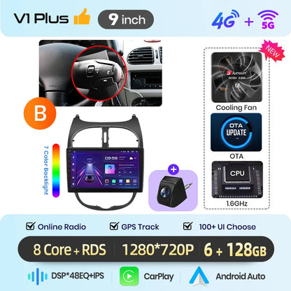Junsun 9" Android 15 2DIN автомобилна мултимедия за Peugeot 206/206 CC/206 SW (2000–2008), IPS дисплей, GPS навигация, Bluetooth 4.0, Wireless Apple CarPlay и Android Auto
