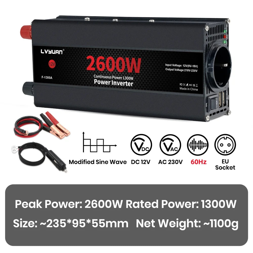 Автомобилен DC-AC инвертор 12V към 220V, 50 Hz, модифицирана синусоида, USB изход, 500–2600 W