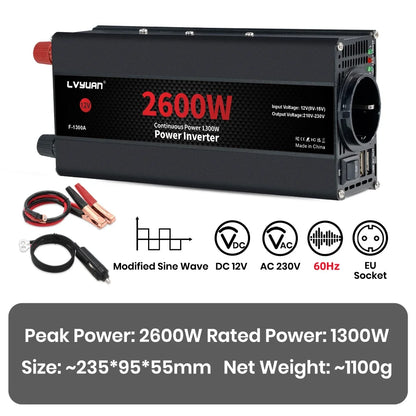 Автомобилен DC-AC инвертор 12V към 220V, 50 Hz, модифицирана синусоида, USB изход, 500–2600 W