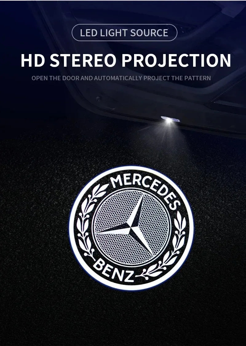 Комплект 2 бр. LED прожектори за врати с лого за Mercedes-Benz (GT, W223, W639, W168, W245, W215, W164, X164, W204, W219, W206, W209, W218)