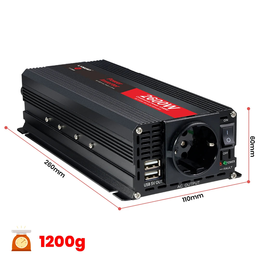 Автомобилен DC-AC инвертор 12V към 220V, 50 Hz, модифицирана синусоида, USB изход, 500–2600 W