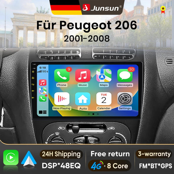 Junsun 9" Android 15 2DIN автомобилна мултимедия за Peugeot 206/206 CC/206 SW (2000–2008), IPS дисплей, GPS навигация, Bluetooth 4.0, Wireless Apple CarPlay и Android Auto