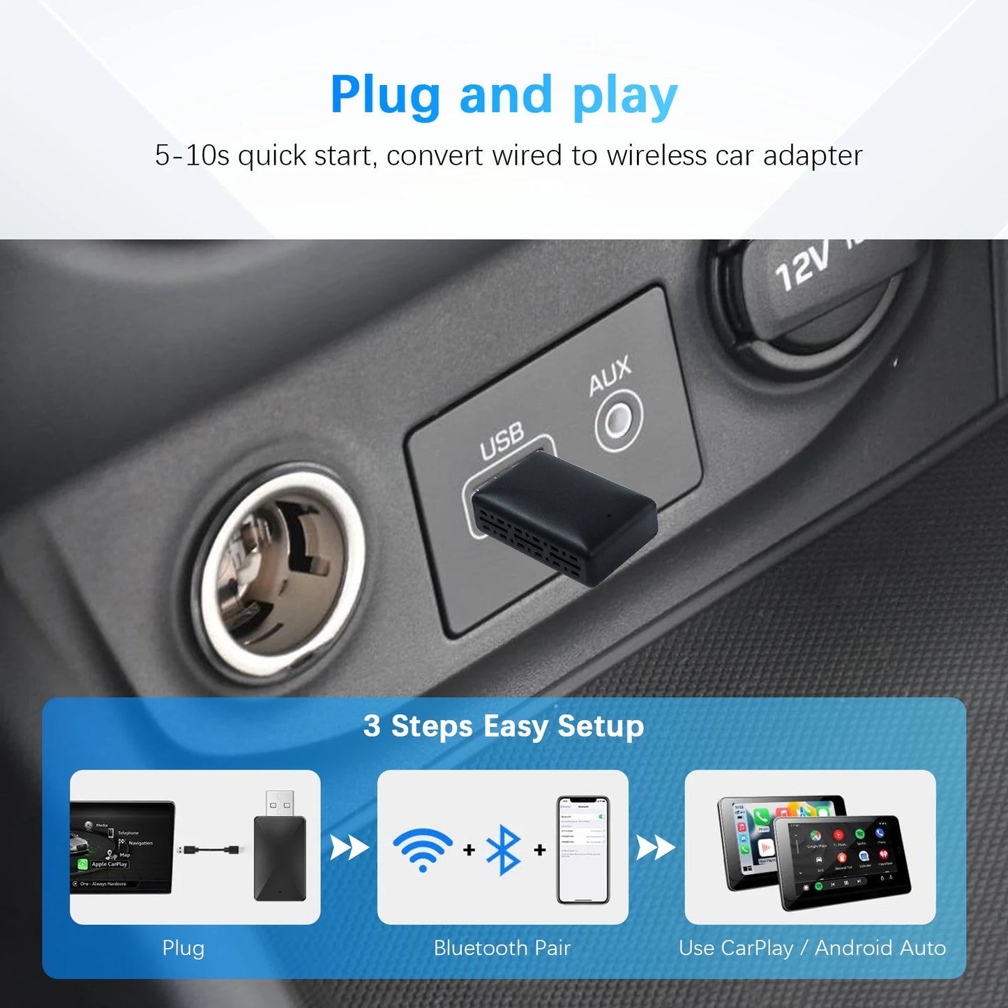 Безжичен адаптер 2-в-1 CarPlay/Android Auto Ezonetronics, съвместим с Mercedes‑Benz, VW Golf, BMW, Audi, Honda, Toyota