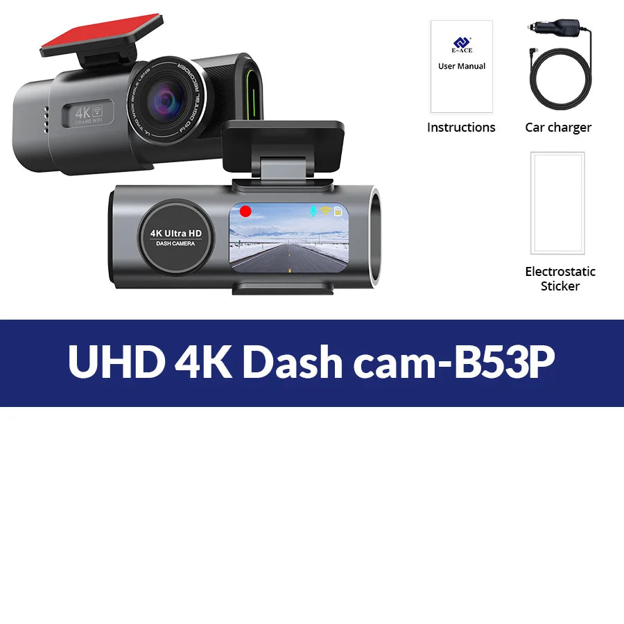 Автомобилен видеорегистратор 4K UHD с нощно виждане, вграден Wi‑Fi, GPS и режим паркиране 24/7