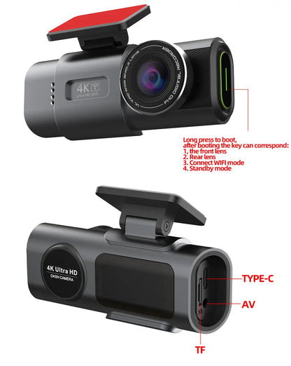 Автомобилен видеорегистратор 4K UHD с нощно виждане, вграден Wi‑Fi, GPS и режим паркиране 24/7