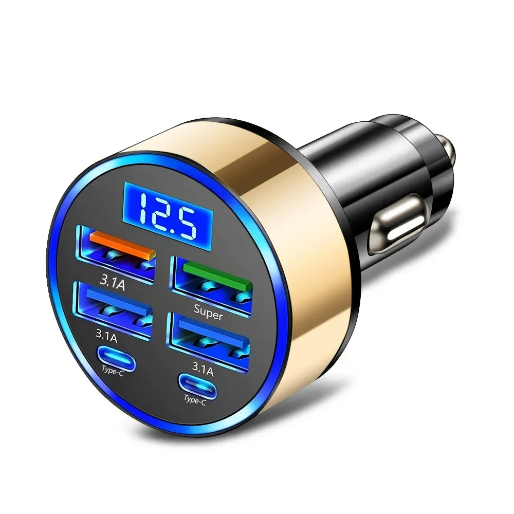 Автомобилен адаптер 6 в 1 за бързо зареждане с 2× USB-C (3.1 A) и цифров дисплей, черен