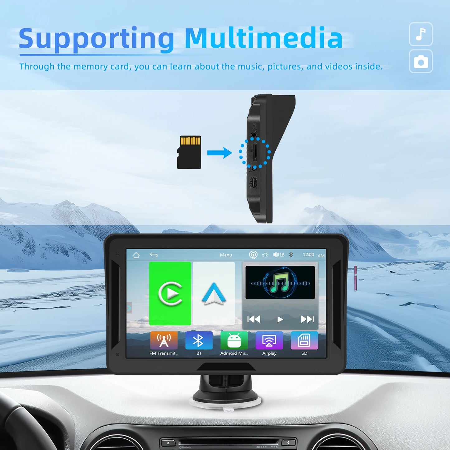 Podofo 7" преносим автомобилен дисплей с безжичен CarPlay/Android Auto, AirPlay, Bluetooth, FM трансмитер, AUX, HD 1024x600