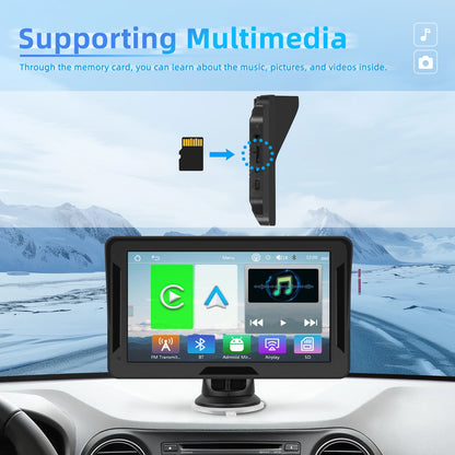 Podofo 7" преносим автомобилен дисплей с безжичен CarPlay/Android Auto, AirPlay, Bluetooth, FM трансмитер, AUX, HD 1024x600