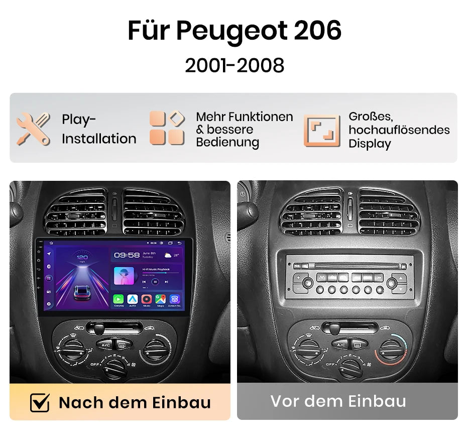 Junsun 9" Android 15 2DIN автомобилна мултимедия за Peugeot 206/206 CC/206 SW (2000–2008), IPS дисплей, GPS навигация, Bluetooth 4.0, Wireless Apple CarPlay и Android Auto