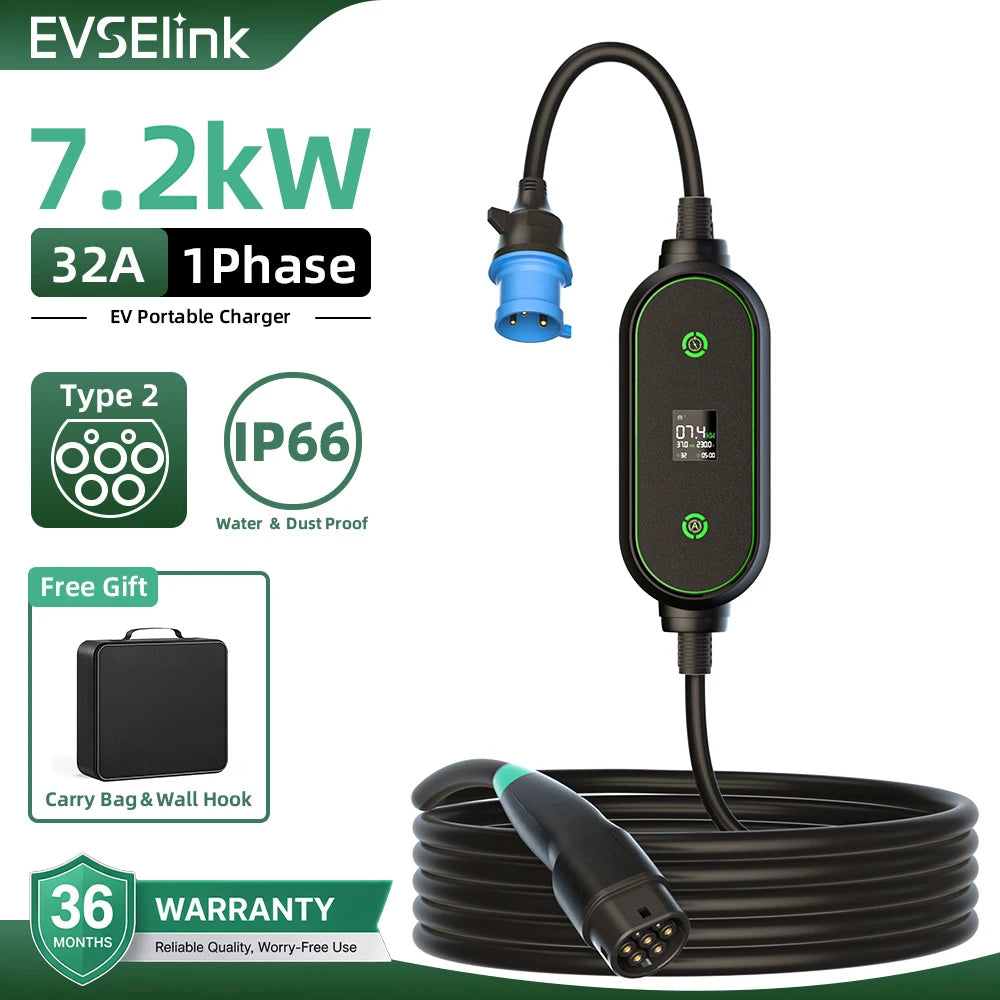 EVESLink Преносимо Type 2 AC зарядно за електромобил, 7 kW, 32 A, еднофазно, кабел 5 m