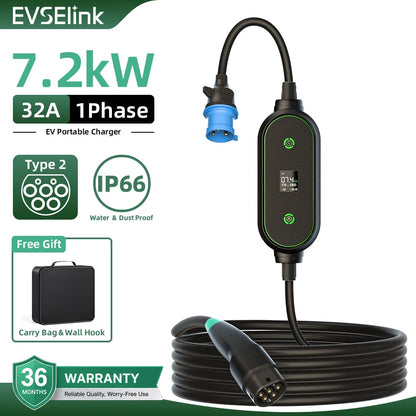 EVESLink Преносимо Type 2 AC зарядно за електромобил, 7 kW, 32 A, еднофазно, кабел 5 m