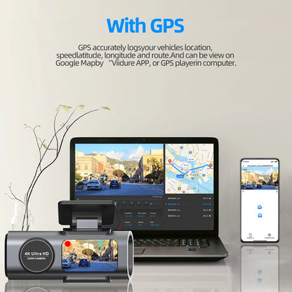 Автомобилен видеорегистратор 4K UHD с нощно виждане, вграден Wi‑Fi, GPS и режим паркиране 24/7
