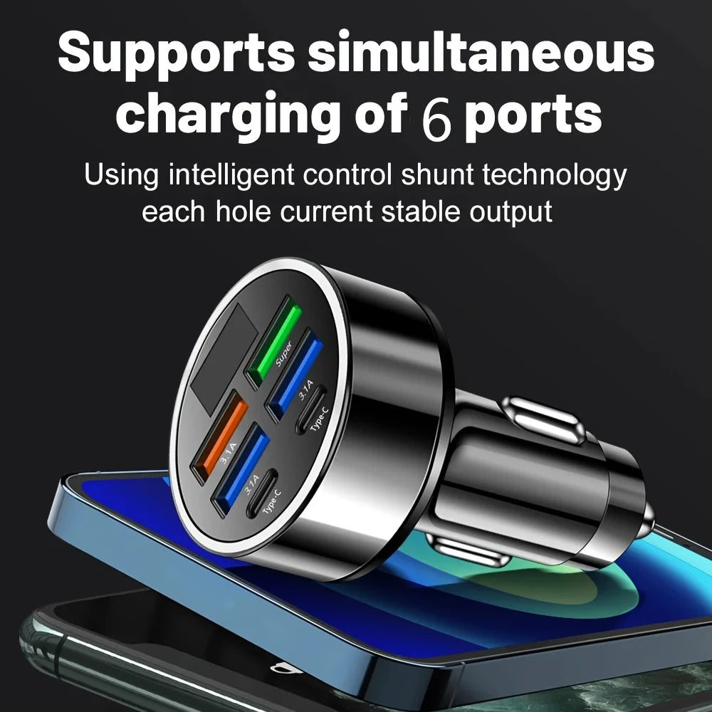 Автомобилен адаптер 6 в 1 за бързо зареждане с 2× USB-C (3.1 A) и цифров дисплей, черен