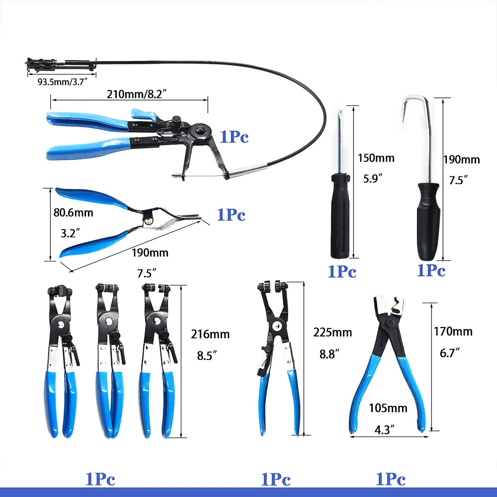 Комплект клещи за скоби Podofo, 9 части, за горивни, маслени и водни маркучи, с гъвкаво жило