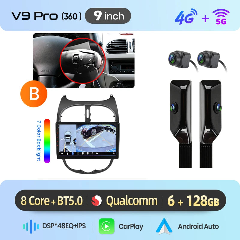 Junsun 9" Android 15 2DIN автомобилна мултимедия за Peugeot 206/206 CC/206 SW (2000–2008), IPS дисплей, GPS навигация, Bluetooth 4.0, Wireless Apple CarPlay и Android Auto