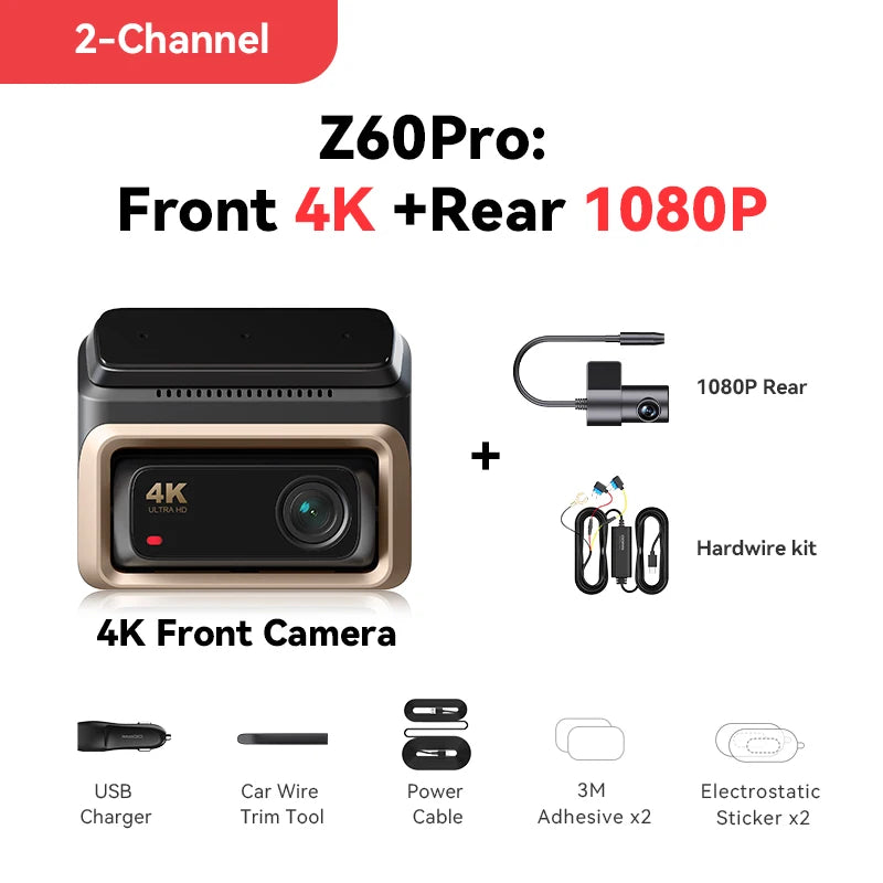 DDPAI Z60 Pro 4K двуканален автомобилен видеорегистратор (предна и вътрешна камера), HDR, сензор Sony STARVIS 2 IMX678, 5 GHz Wi‑Fi, GPS, ADAS, 4G