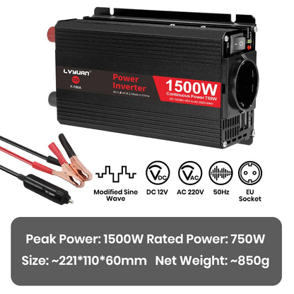 Автомобилен DC-AC инвертор 12V към 220V, 50 Hz, модифицирана синусоида, USB изход, 500–2600 W