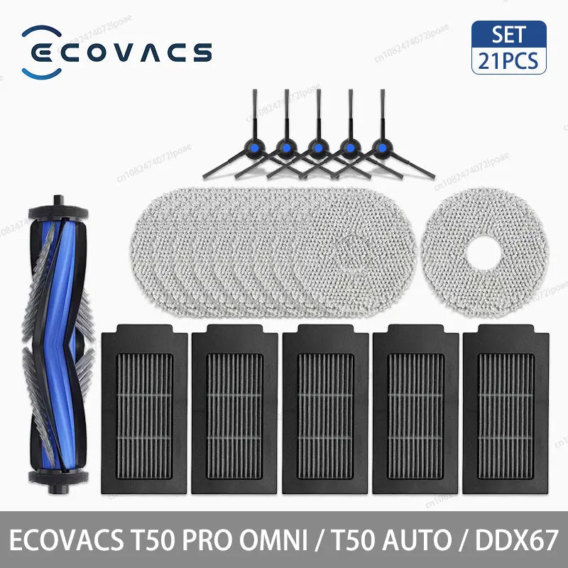 Аксесоари и консумативи за робот прахосмукачка ECOVACS T50 Pro Omni, T50 Auto, DDX67 – основна четка, странична четка, HEPA филтър, моп кърпа, торбичка за прах