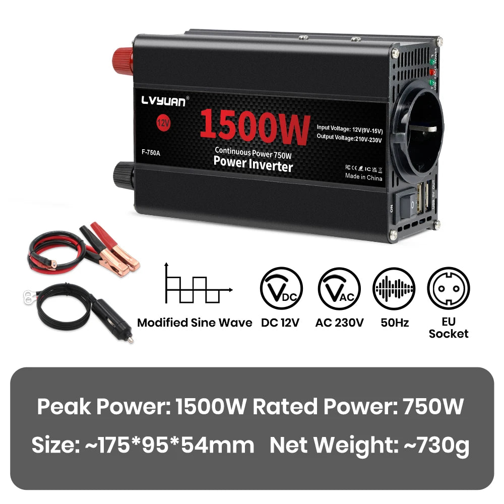 Автомобилен DC-AC инвертор 12V към 220V, 50 Hz, модифицирана синусоида, USB изход, 500–2600 W
