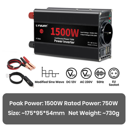 Автомобилен DC-AC инвертор 12V към 220V, 50 Hz, модифицирана синусоида, USB изход, 500–2600 W