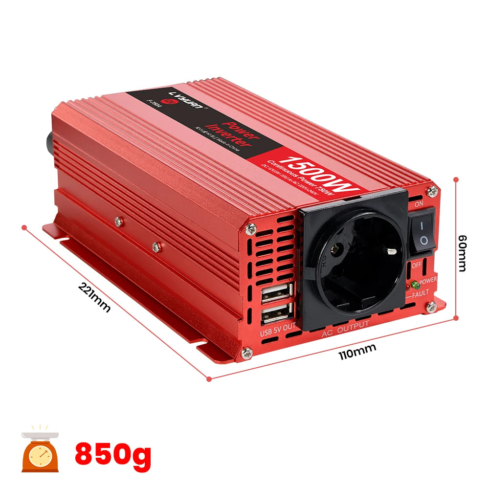 Автомобилен DC-AC инвертор 12V към 220V, 50 Hz, модифицирана синусоида, USB изход, 500–2600 W