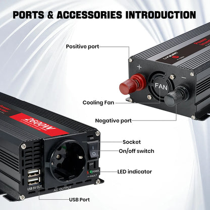 Автомобилен DC-AC инвертор 12V към 220V, 50 Hz, модифицирана синусоида, USB изход, 500–2600 W
