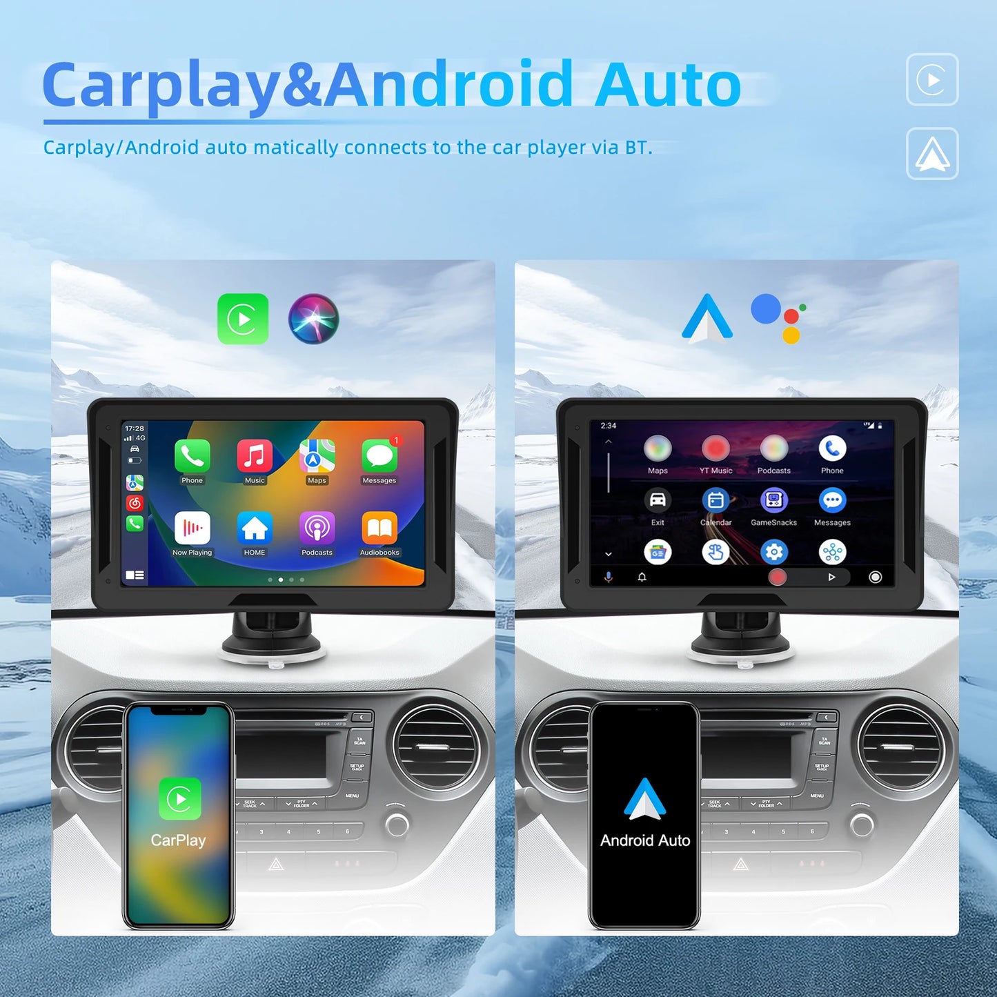 Podofo 7" преносим автомобилен дисплей с безжичен CarPlay/Android Auto, AirPlay, Bluetooth, FM трансмитер, AUX, HD 1024x600