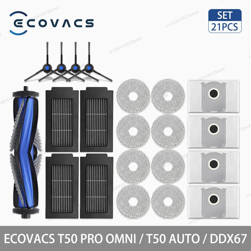 Аксесоари и консумативи за робот прахосмукачка ECOVACS T50 Pro Omni, T50 Auto, DDX67 – основна четка, странична четка, HEPA филтър, моп кърпа, торбичка за прах