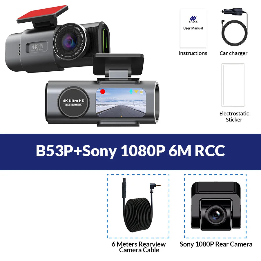 Автомобилен видеорегистратор 4K UHD с нощно виждане, вграден Wi‑Fi, GPS и режим паркиране 24/7