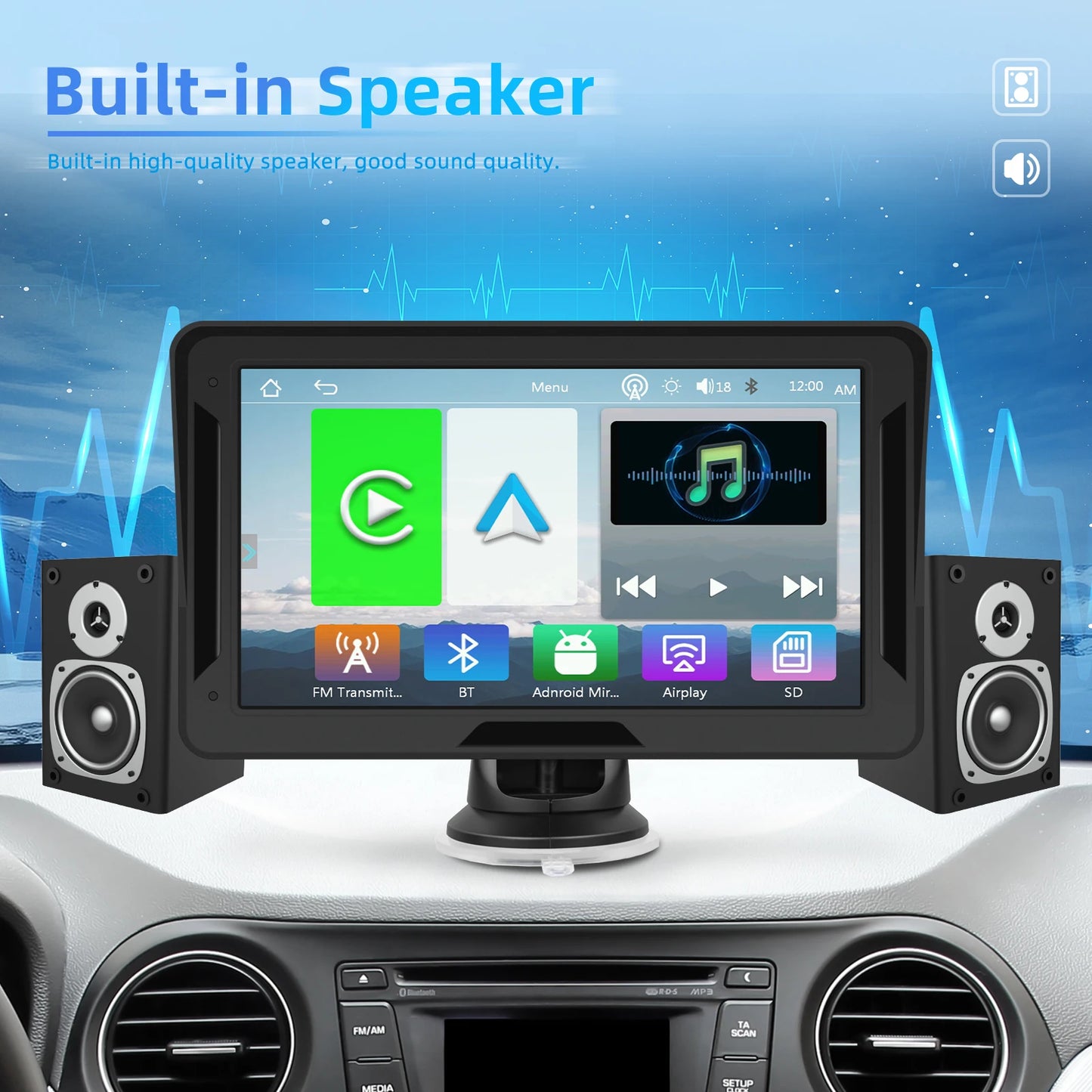 Podofo 7" преносим автомобилен дисплей с безжичен CarPlay/Android Auto, AirPlay, Bluetooth, FM трансмитер, AUX, HD 1024x600
