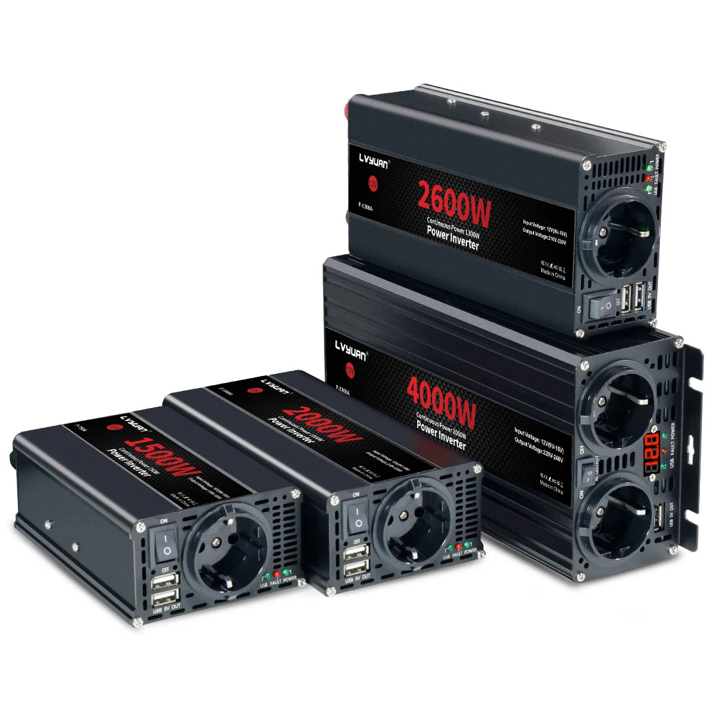 Автомобилен DC-AC инвертор 12V към 220V, 50 Hz, модифицирана синусоида, USB изход, 500–2600 W