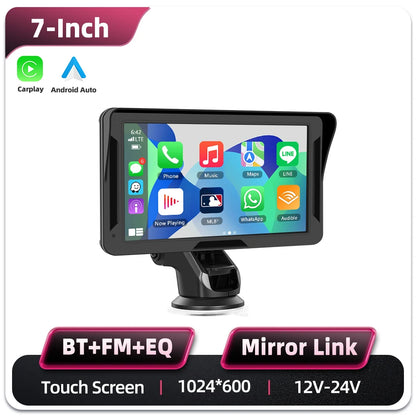Podofo 7" преносим автомобилен дисплей с безжичен CarPlay/Android Auto, AirPlay, Bluetooth, FM трансмитер, AUX, HD 1024x600